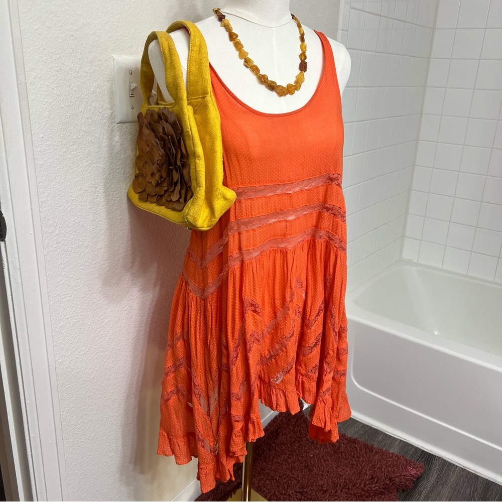 Free People orange polka dot dress ruffles boho lace cottage summer intimately